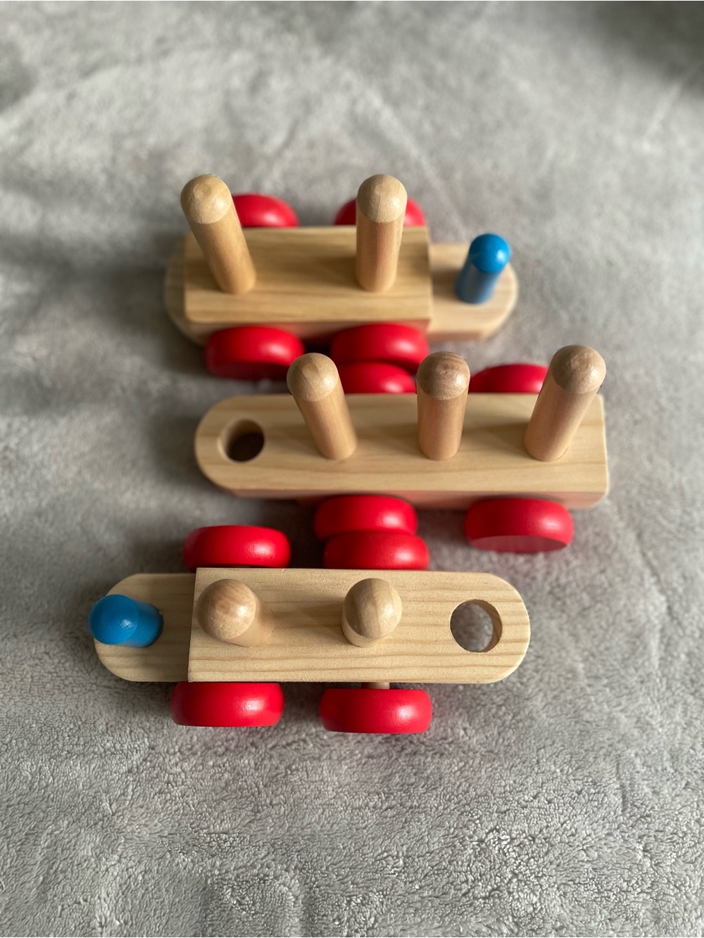 Wooden Peg Train Toy - Natural Wood with Red Wheels and Blue Peg